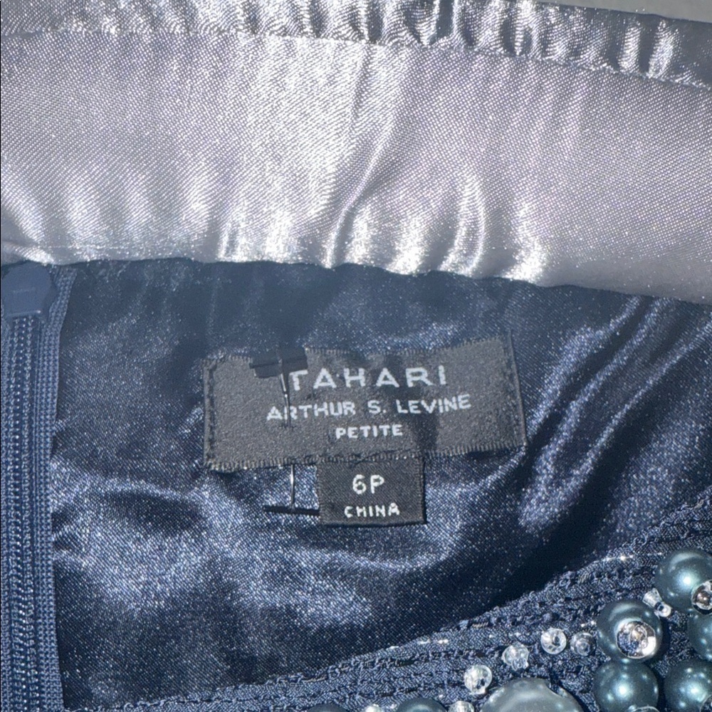 Tahari ASL Navy Blue Sleeveless Dress Metallic Silver w/ Embellished Neckline DD - Picture 2 of 7